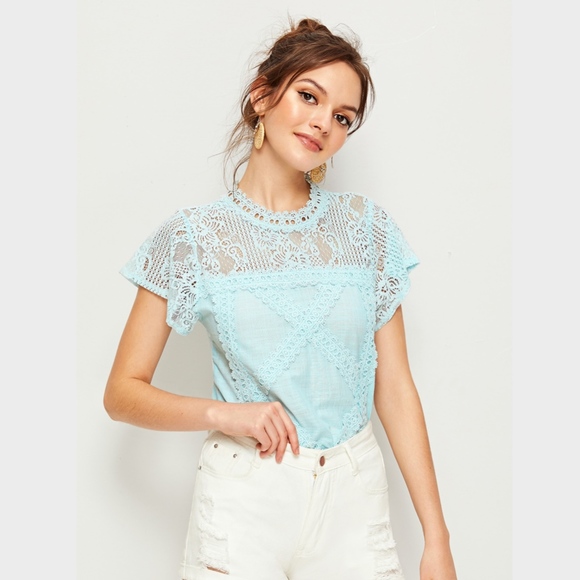 Light Turquoise Blue Lace & Crochet Detail Top - Picture 2 of 8